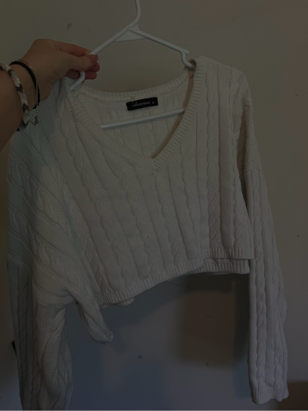 Cream Cable-Knit V-Neck Cropped Sweater